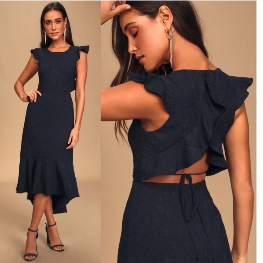 Lulu's Sophisticated Soiree Navy Blue Jacquard Backless High-Low Dress